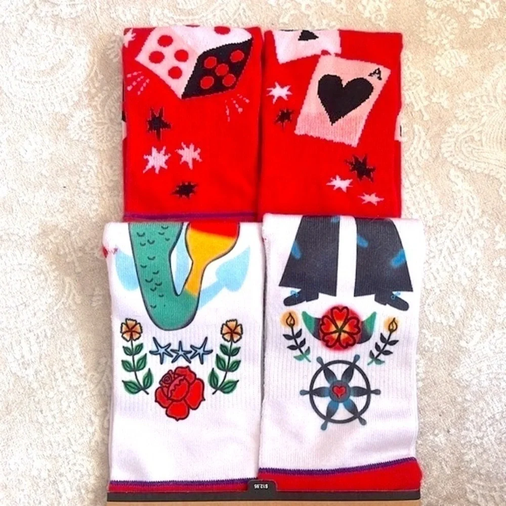 Brand New Set Toe of a Kind Crew Socks Feeling Lucky Card Player Sailor Mermaid